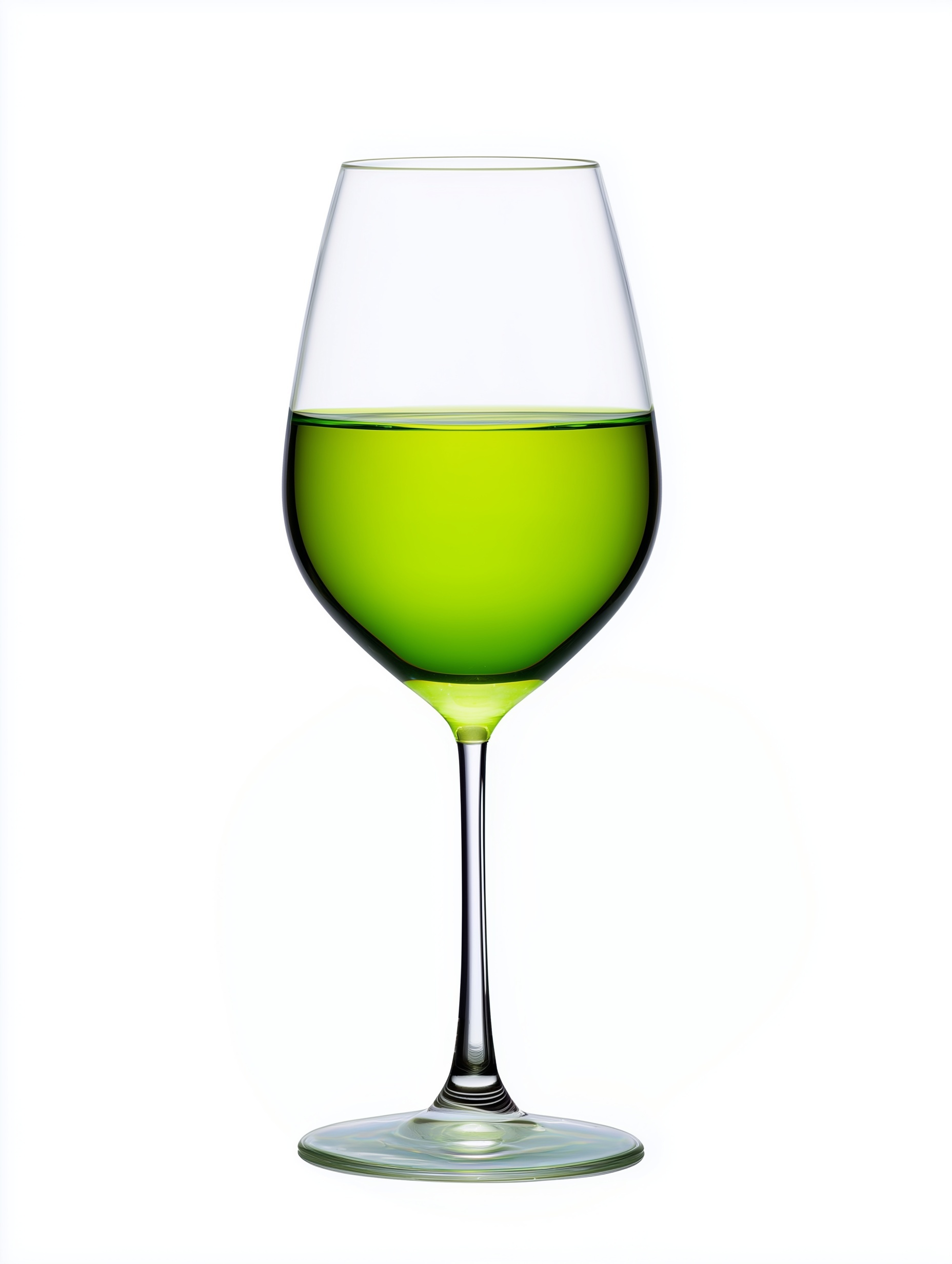 Chiran Asatsuyu sencha poured into a wine glass — vivid emerald liquor on white background