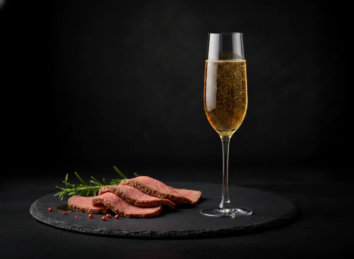 Sparkling Tea bodhi — champagne flute paired with roast beef